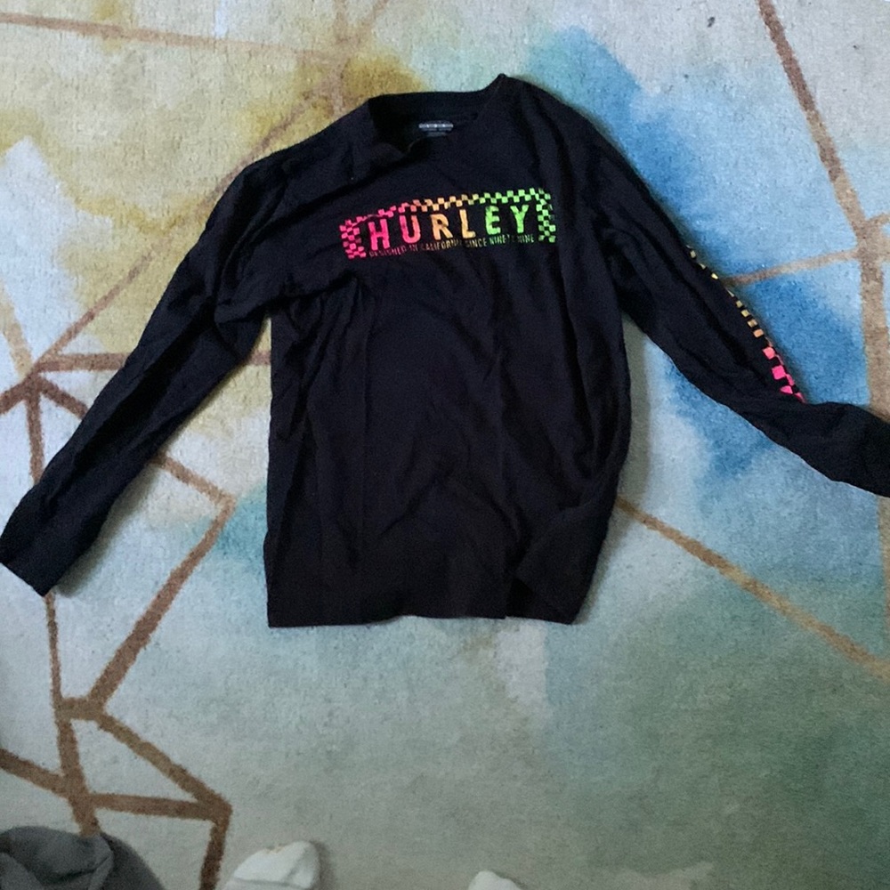 Hurley, kids L, black with pink, yellow, and green accents (checkered)